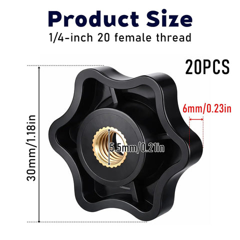 Top Shelf Set 20 Piece Slick Star Knob T Track Bolts With Quarter Inch Female Thread Hexagon Head For Woodworking Jigs Lawnmowers And Patio Umbrellas Easy Grip Solid Clamp Hardware In Matte Black, 30mm star knob with female thread.