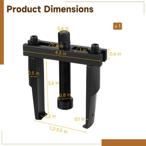 Two Jaw Bearing Puller For Auto Repair with dimensions, adjustable dual jaw gear remover, beefy steel construction, pro hand tool