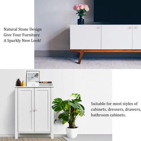 Four Pack Real Deal Natural Clear Quartz Crystal Cabinet Knobs With Gold Plated Solid Brass Base For Drawers And Dressers Smooth Everyday Premium Hardware displayed on modern furniture.