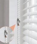 Stainless Steel Ball Chain Connectors For Window Blinds, 4.5mm Beaded Pull Cord Clips, close-up on white blinds in use