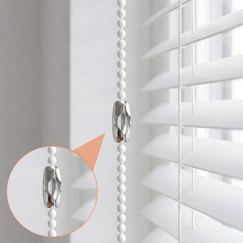 Stainless Steel Ball Chain Connectors For Window Blinds, 4.5mm Beaded Pull Cord Clips, close-up on white blinds in use