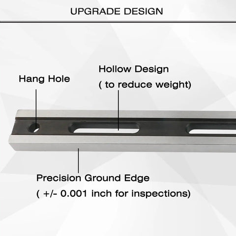 Close-up view of 24 Inch Machinist Precision Steel Straight Edge Tool With Feeler Gauges For Checking Cylinder Heads And Engine Blocks Pro Grade, showing design details with hang hole and hollow design for weight reduction.