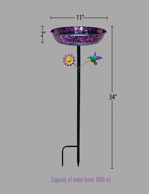 Outdoor 11 Inch Colorful Purple And Blue Metal Bird Bath Freestanding Garden Decor Hummingbird Flower Bowl Feeder For Backyard Birds Yard Art That Pops Weatherproof Sturdy Stand Easy Assembly showing dimensions