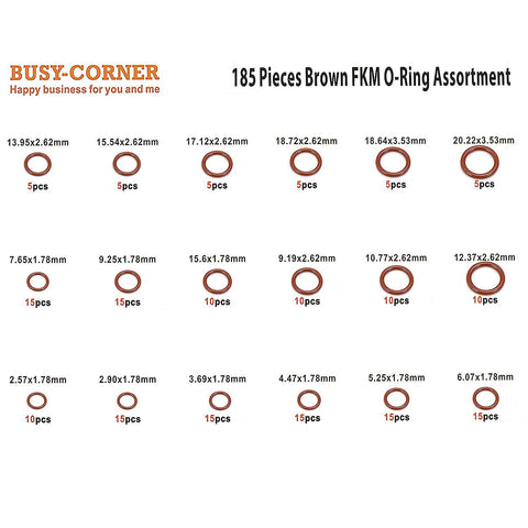 Front view: Busy-Corner 185-piece brown FKM O-ring assortment, 75A durometer, 18 sizes.