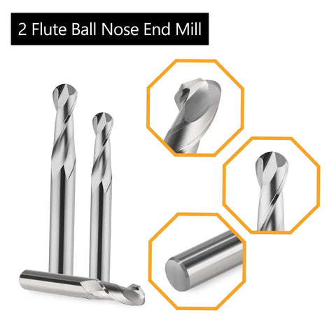 Top Tier Carbide Ball Nose End Mills With Dual Flutes For Smooth Cnc Routing And Precise Engraving On Wood Pvc Mdf Hardwood Built Tough One Eighth Shank With Sixteenth In Cut Diameter Pack Of Ten To Crush Projects With No Sweat featuring three carbide end mills.