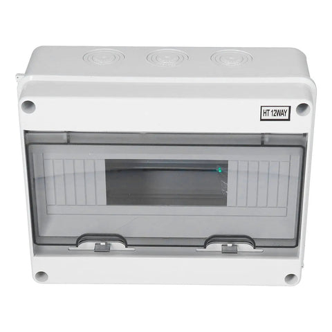 Front view of IP65 Waterproof Distribution Box with Transparent ABS Cover, rugged electrical enclosure for industrial use.