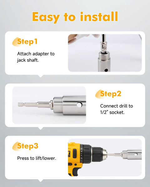 Easy installation steps for Knock The Grunt Work Off Your Road Trip With This Rock Solid Trailer Jack Drill Adapter For 1 Inch Shafts.