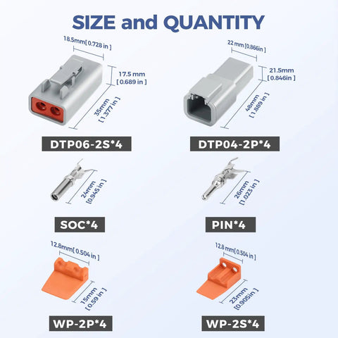 32 Piece 2 Pin Waterproof Automotive Connector Kit With Four Sets Including Plugs And Receptacles visible with size and quantity.