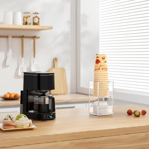 Two Tier Upright Cup And Condiment Organizer With Two Compartment Clear Acrylic Cup Dispenser in a breakroom coffee station