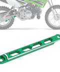 Rear Drum Brake Torque Arm With Scale CNC Aluminum 6061 T6 For KLX 110 KLX110 KLX110L 2005 2024 DRZ110 Green Fits Dirt Bikes, shown on bike and close-up