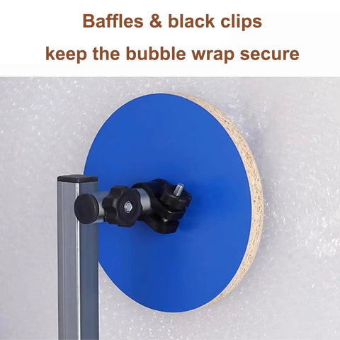 Baffles and black clips secure bubble wrap on Zero Fuss Wall Mount Bubble Wrap Dispenser With Heavy Duty Foam Roll Packer.