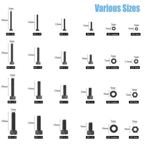 1220 Piece M2 M3 M4 M5 Hex Socket Head Cap Bolts Set With Nuts Washers Screws And Hex Wrenches In Twelve Point Nine Grade Alloy Steel Heavy Duty Kit For Home And Shop Use showing various sizes of bolts and nuts.