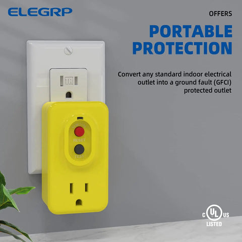 Manual Reset GFCI Outlet Adapter For Indoor Use, 15 Amp Grounded 3-Prong Socket, UL Listed, Yellow, 1 Pack, plugged in