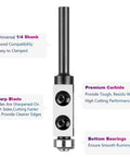 Top Shelf Heavy Duty Wood Flush Trim Router Bit With Replaceable Carbide Cutting Tips And Quarter Inch Steel Shank featuring a sharp blade and bottom bearing.