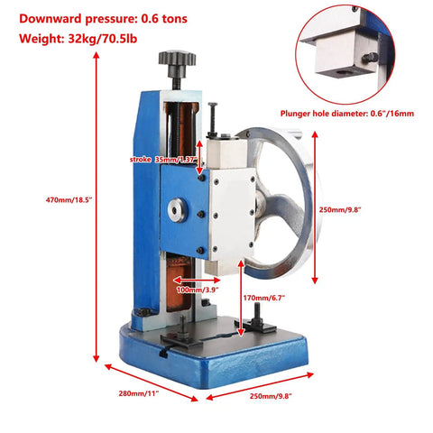 Zero Point Six Ton Manual Precision Handwheel Arbor Press showing measurements and features for metal forming jobs.