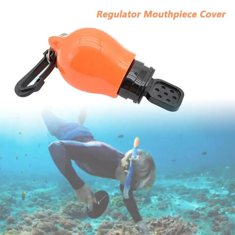 Orange PVC Regulator Mouthpiece Cover Set for Diving and Snorkeling, 2-Pack shown underwater with snorkeler