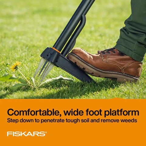Stand-Up Weed Puller Tool With 4 Serrated Claws, Reinforced Foot Platform pressing into soil with boot