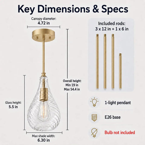 HXXLFONEDP Champagne Gold Pendant Light for Kitchen Island, Clear Glass dimensions with canopy and rod details.
