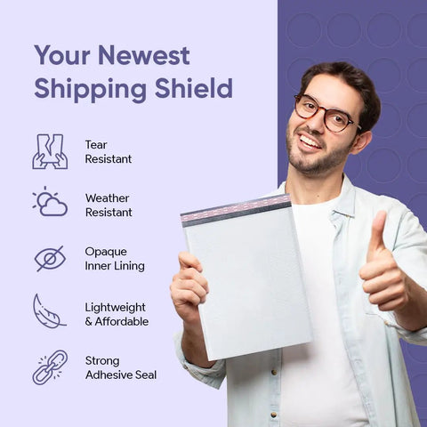 Man holding a Large 10.5x16 Inch Poly Bubble Mailers With Self Seal Air Lined Cushioned Envelopes 10.5x15 Usable Size 100 Pack