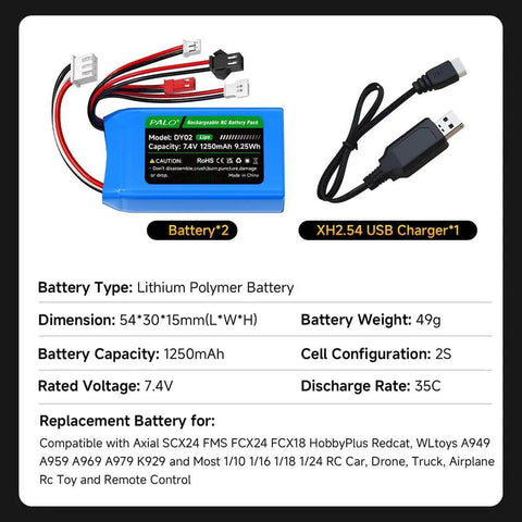 Two Pack 7.4V 2S LiPo RC Battery Set 1200mAh 35C Burst 70C High Discharge With JST PH2.0 SM2.0 MX2.0 Connectors