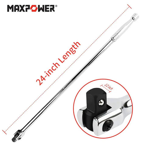 Beefy 24 Inch 1/2 Inch Drive Breaker Bar With Flex Head, Cr-Mo Steel, shown full length with close-up of socket retainer