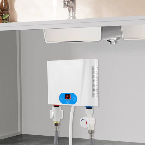 Ace Wall Mounted Tankless Water Heater Delivers Instant Hot Water With 220Volt 5Point5Kilowatt Fast Heating For Kitchen And Bathroom Featuring Slick Space Savvy Build Ready When You Call, mounted under a sink.