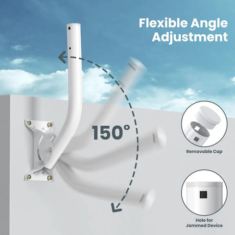 Heavy Duty Universal J Pole Antenna Mount Two Pack With 150 Degree Swivel Arm showcasing flexible angle adjustment and wall install.