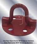 Rock Solid Low Profile Steel Anchor Plate With Fold Up Hook Rings For Concrete Decks Patios Garages And Trailers showing red steel plate with hook rings.