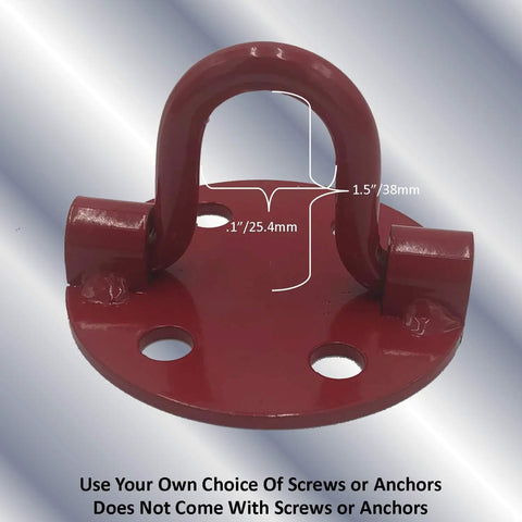 Rock Solid Low Profile Steel Anchor Plate With Fold Up Hook Rings For Concrete Decks Patios Garages And Trailers showing red steel plate with hook rings.