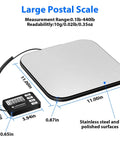 Rock Solid Digital Shipping Scale With Dead On Point 440lb Capacity And Easy Read Display smooth stainless steel surface with measurement details.