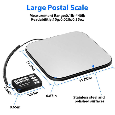 Rock Solid Digital Shipping Scale With Dead On Point 440lb Capacity And Easy Read Display smooth stainless steel surface with measurement details.