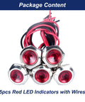 Five Pack 12mm LED Indicator Light 110 To 220 VAC Metal Shell Waterproof IP67 with red wires and metal casing on white background