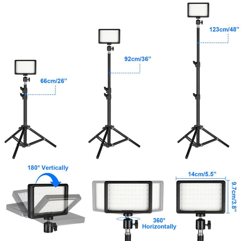 Two Pack Dimmable USB LED Video Lights 5600K with Adjustable Brightness and 180-Degree Tilt, Sturdy Tripods, Dimensional View