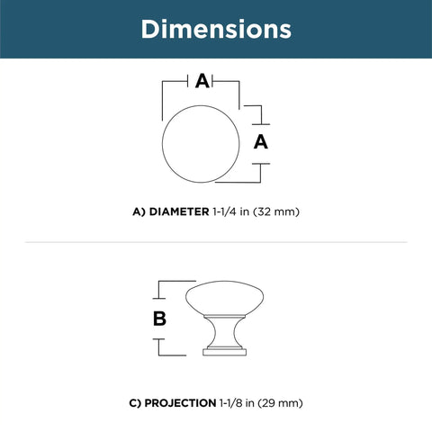 Dimensions diagram of Champagne Bronze Cabinet Knobs Set Ten Pack One And A Quarter Inch Round Mushroom Pulls For Cabinets Drawers.