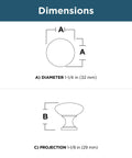 Dimensions of Satin Nickel Cabinet Knobs 10 Pack Round Mushroom Design, showing diameter and projection measurements.