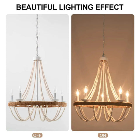 Wood Beaded Chandelier 5 Light Boho Candle Pendant Light For Living Room Dining Room Kitchen Foyer E12 Dimmable Socket