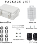 Ip67 Waterproof Electrical Junction Box In Grey Abs Plastic Includes Mounting Plate And Four Stainless Steel Wall Brackets For Outdoor Routers Switches Diy Projects And Built Tough For Any Weekend Warrior Setup package list with box, mounting plate, DIN rail, and accessories.