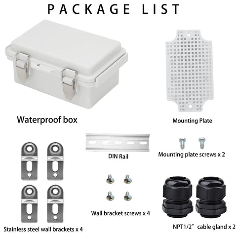 Ip67 Waterproof Electrical Junction Box In Grey Abs Plastic Includes Mounting Plate And Four Stainless Steel Wall Brackets For Outdoor Routers Switches Diy Projects And Built Tough For Any Weekend Warrior Setup package list with box, mounting plate, DIN rail, and accessories.