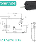 Heavy Duty Pin Plunger Micro Switch 20A 250VAC Normal Open dimensions with marked wiring specifications for industrial use.