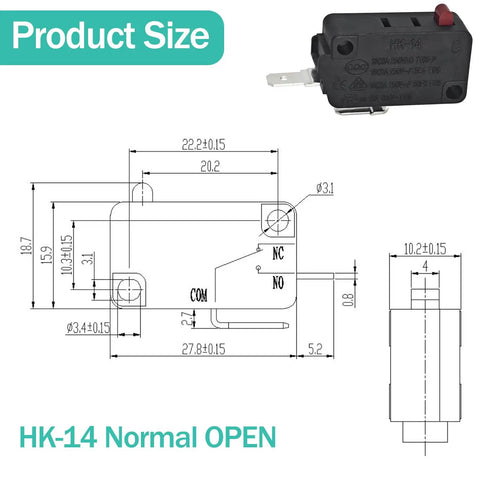 Heavy Duty Pin Plunger Micro Switch 20A 250VAC Normal Open dimensions with marked wiring specifications for industrial use.