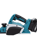 Heavy Duty Cordless Hand Planer With A Beefy 15000 RPM Brushless Motor, Slick Two Millimeter Cut Depth, And Tough Carbide Blades side view with battery