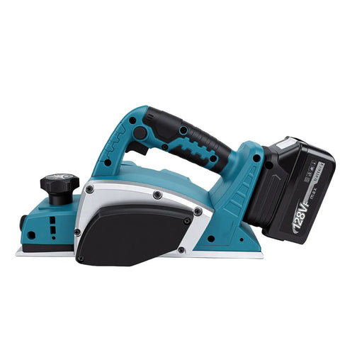 Heavy Duty Cordless Hand Planer With A Beefy 15000 RPM Brushless Motor, Slick Two Millimeter Cut Depth, And Tough Carbide Blades side view with battery