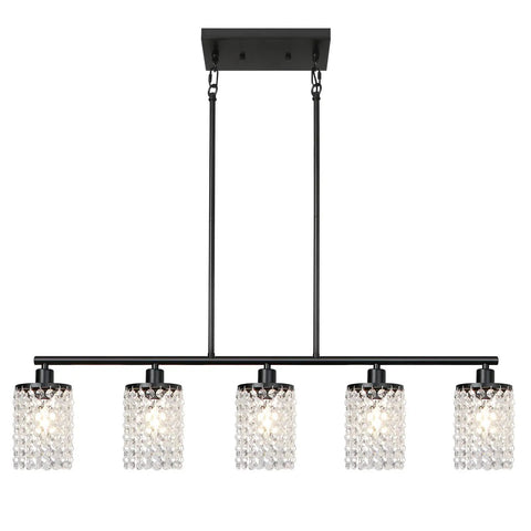 Five Light Modern Black Linear Chandelier With Crystal Drops Pendant Lights For Kitchen Island And Dining Room