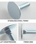 Elevator bolt with flat countersunk head, 1/4-20 x 1, stainless steel finish; front, side, and close-up views.