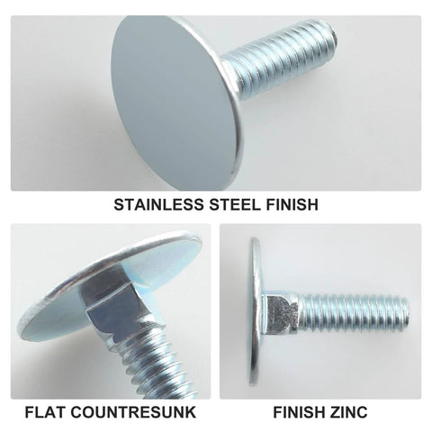 Elevator bolt with flat countersunk head, 1/4-20 x 1, stainless steel finish; front, side, and close-up views.