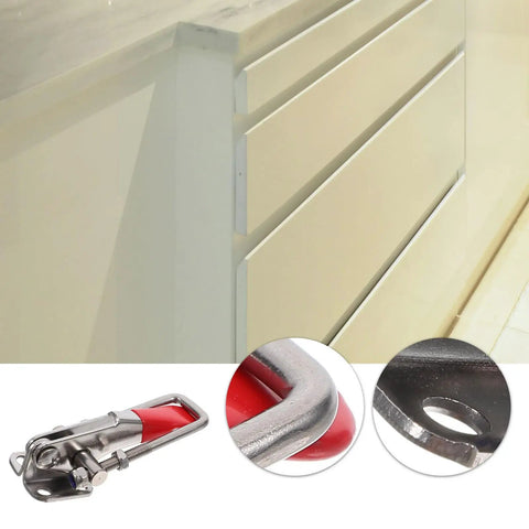 Beefy Adjustable Toggle Latch Clamp Heavy Duty Stainless Steel Pull Latch for Boxes and Cases Easy Installation Strong Grip Quick Release Hasps Built Tough for Factory and Office Use, shown with kitchen drawers for scale and detail view of latch mechanism in stainless steel.