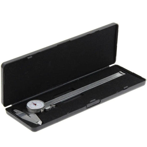 8 Inch Dial Caliper with Dual Readout in case, showcasing stainless steel body and measurement dial, shockproof design visible