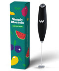 All In One Handheld Milk Frother And Drink Stirrer For Coffee, Matcha, Greens, Protein Shakes Stainless Steel Battery Operated Wand That Whips Up Creamy Foam Fast, shown with packaging.