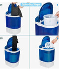 Portable Mini Washing Machine Semi Automatic Compact Washer Spinner showing spin-dry steps with clothes and basket.