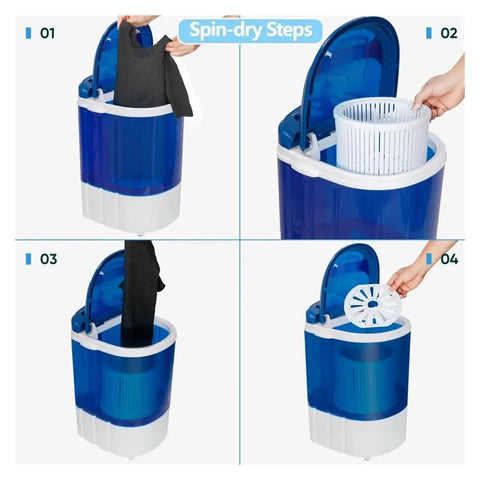 Portable Mini Washing Machine Semi Automatic Compact Washer Spinner showing spin-dry steps with clothes and basket.